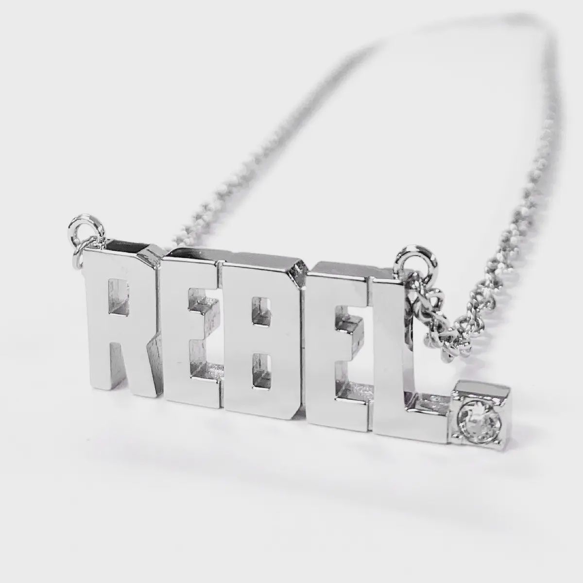 Rebel Pendant Block Letter Necklace with Clear Crystal
