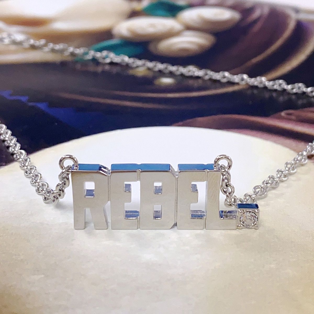 Rebel Pendant Block Letter Necklace with Clear Crystal
