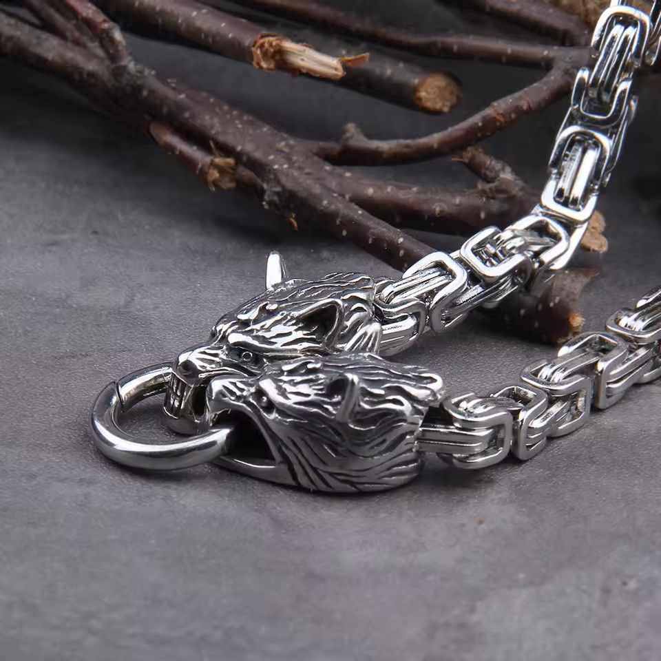 24" Stainless Steel Wolf Head Necklace