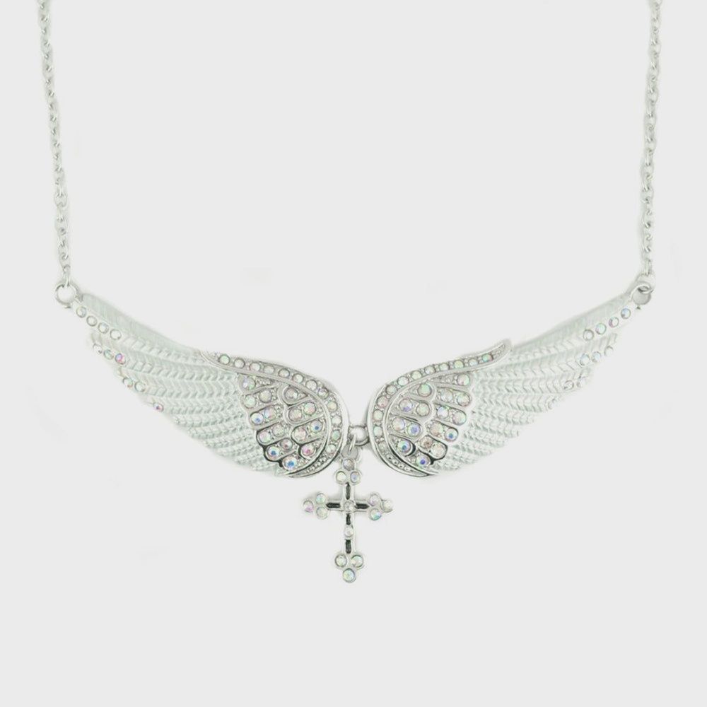 White Painted Winged Necklace with Cross White Imitation Crystals