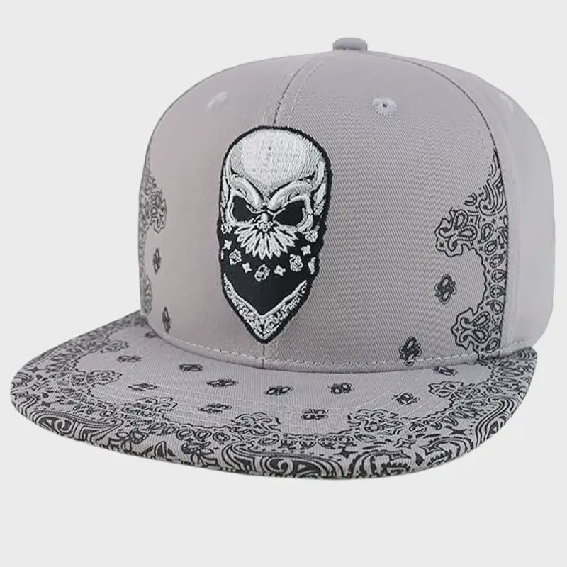 Grey Rebel Biker Skull Paisley Bandana Print Snapback