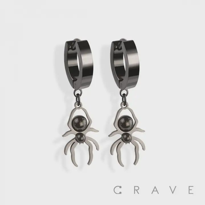Black SS Dangle Spider Pendant Earrings