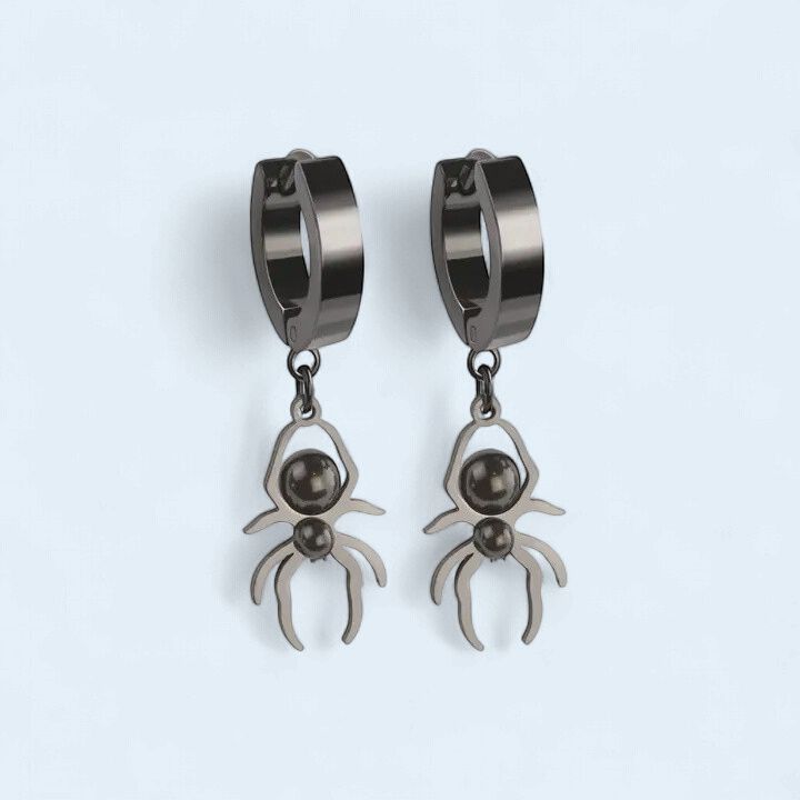 Black 316L Stainless Steel Dangle Spider Pendant Earrings