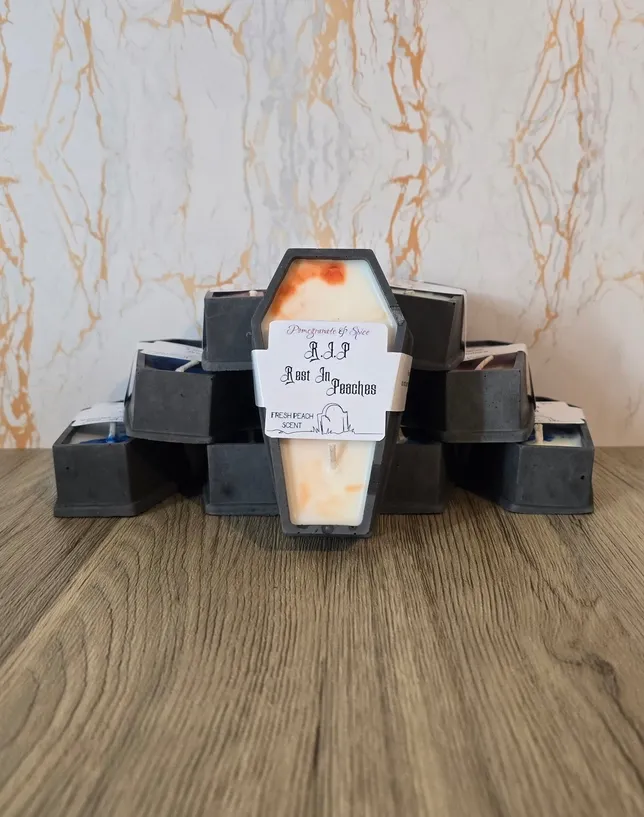 Rest in Peaches Scented Coffin Candle