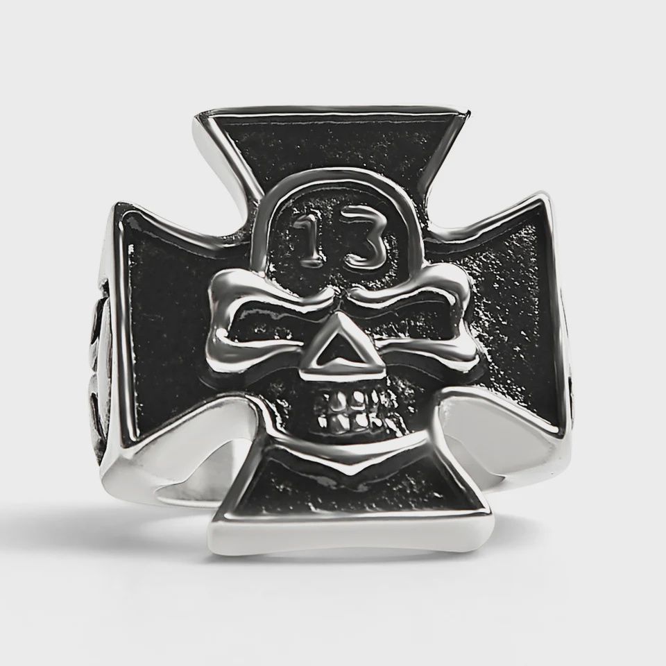 "13" Skull Maltese Cross Signet Ring