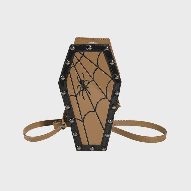Brown Spider Web Pattern Studded Coffin Crossbody Bag