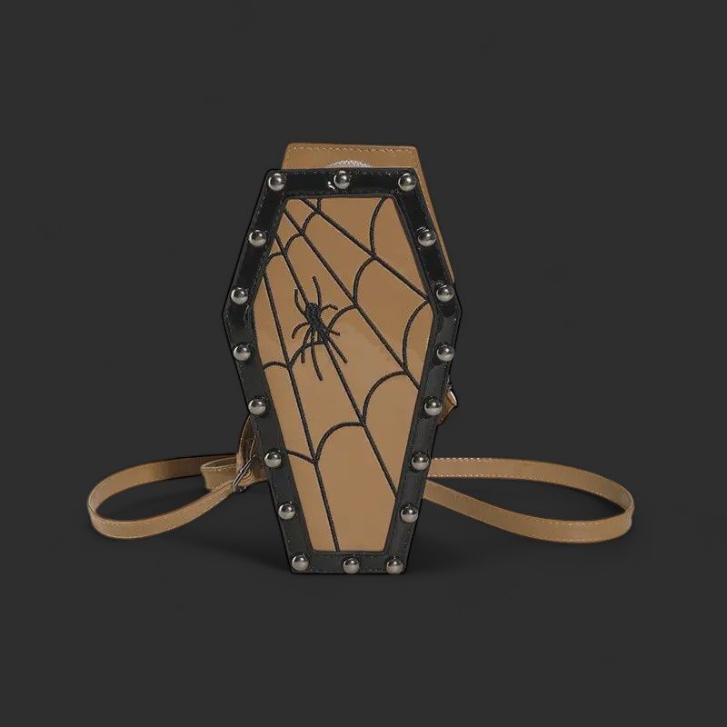 Brown Spider Web Pattern Studded Coffin Crossbody Bag