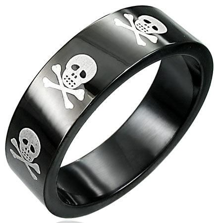 Black With White Skulls Stainless Steel Ring