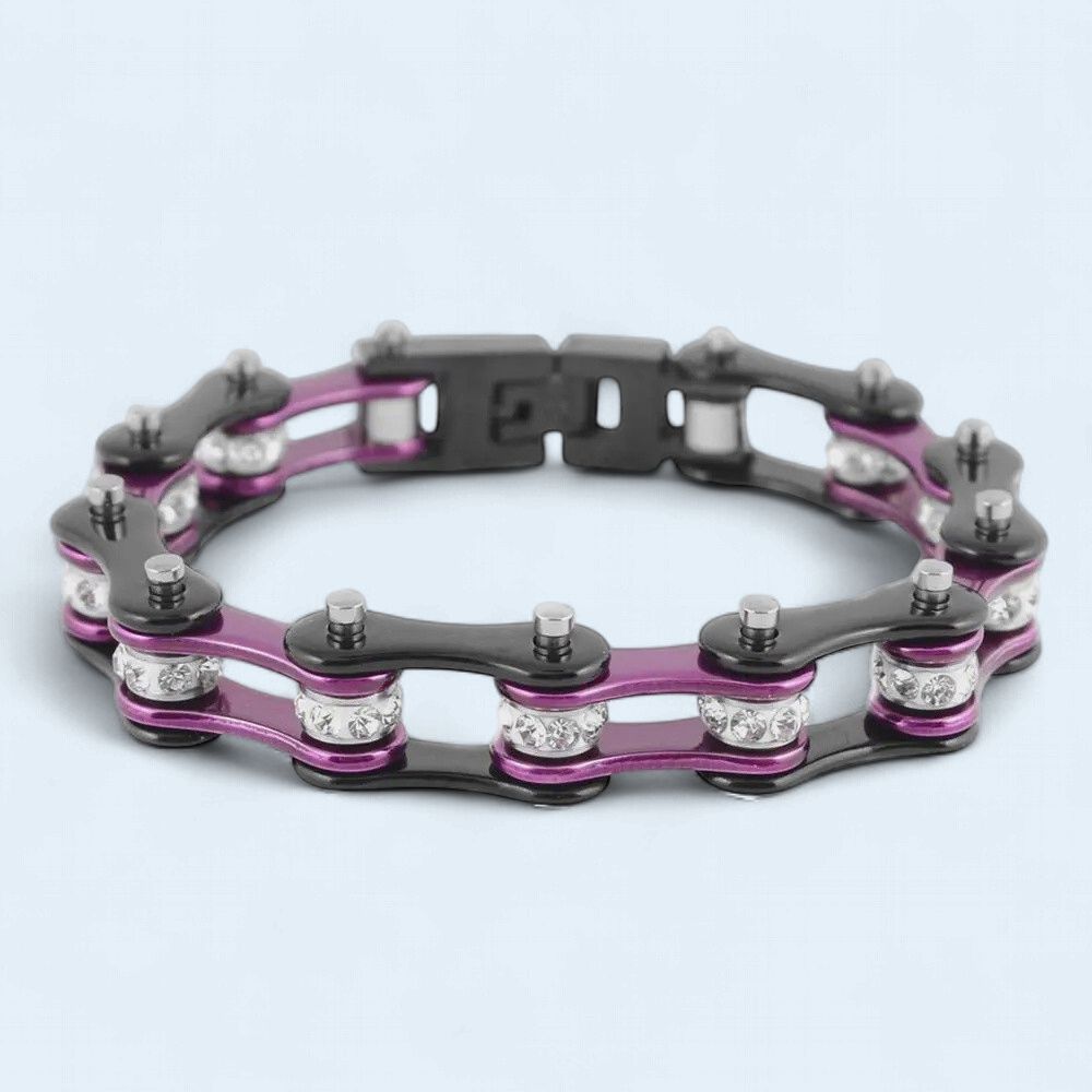 8.25"  Two Tone Black 316L Stainless Steel Purple White Crystal Centers