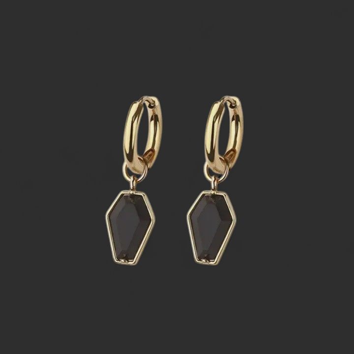 Pair of 316L Stainless Steel Gold Black Cz Coffin Dangle Earrings