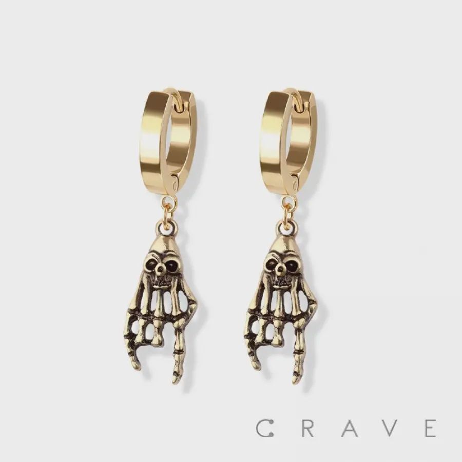 Gold Skull Hand Dangle Earrings