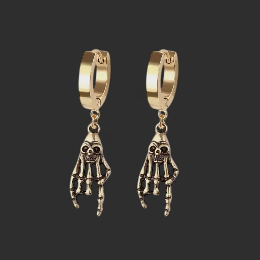 Pair of 316L Stainless Steel Gold Skull Hand Dangle Earrings