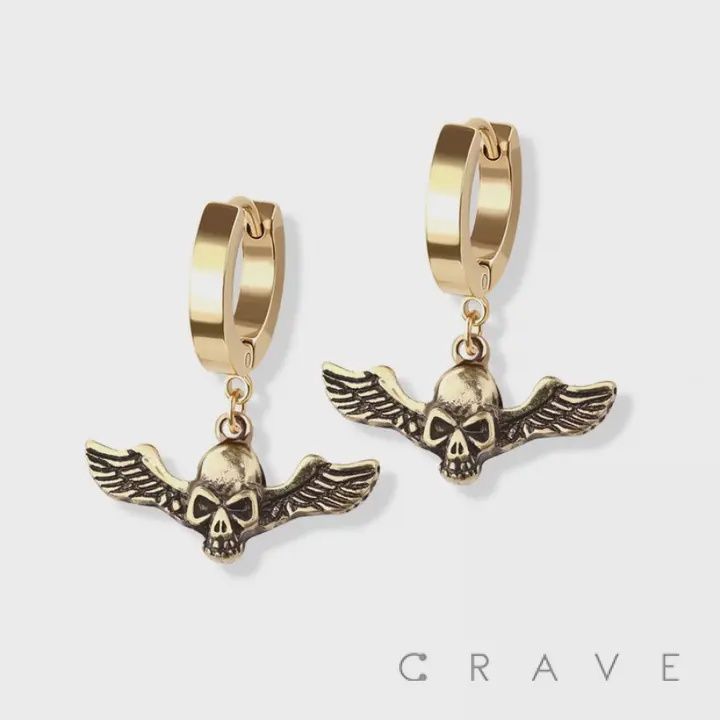 Gold SS Skull Wing Dangle Earrings