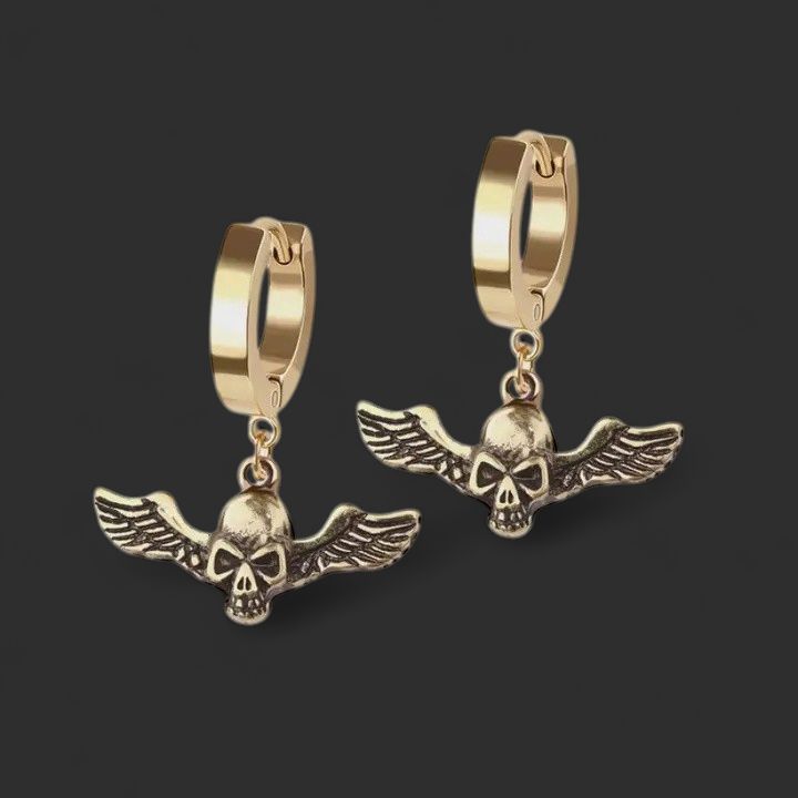 Pair of 316L Stainless Steel Gold Skull Wing Dangle Earrings