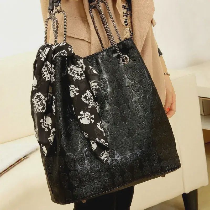 Halloween Women Fashion Gothic Skull Silk Scarf Bag Set, Color: Black, Size: One Size