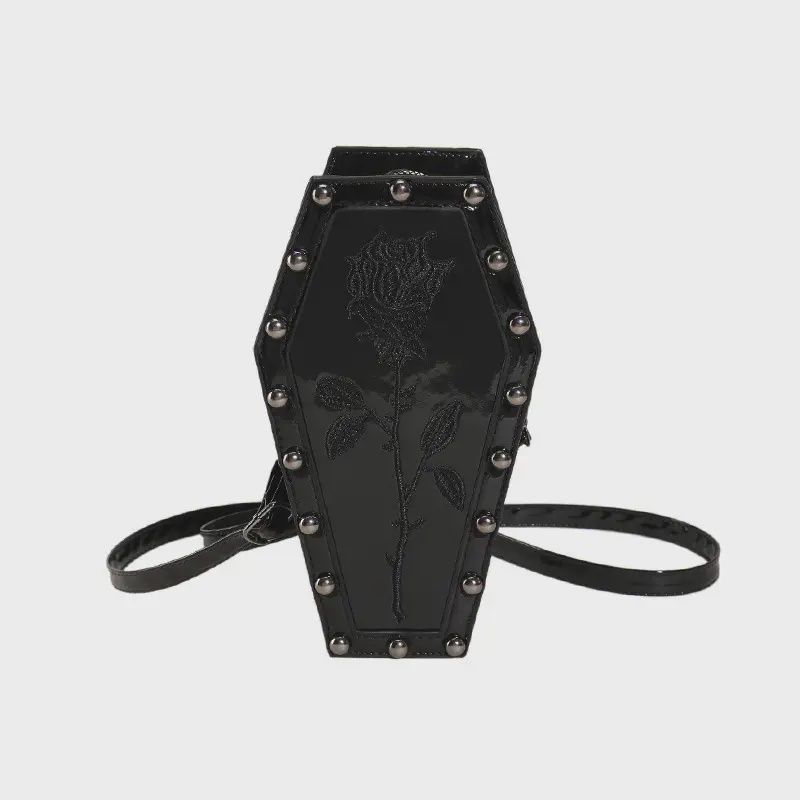 Black Spider Web &amp; Rose Patterns Studded Coffin Crossbody Bag