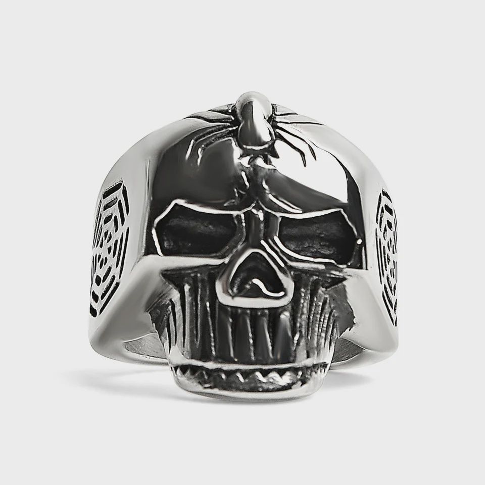 Skull With Spider And Web Accents Ring