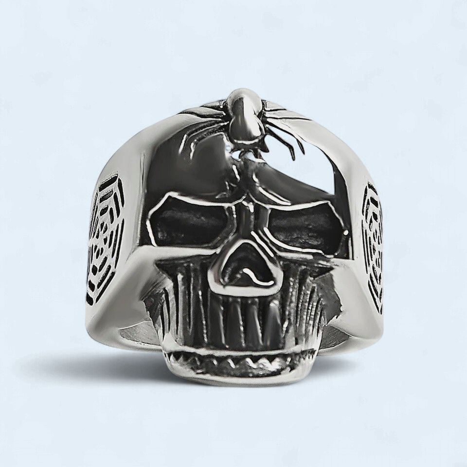 Skull With Spider And Web Accents Ring