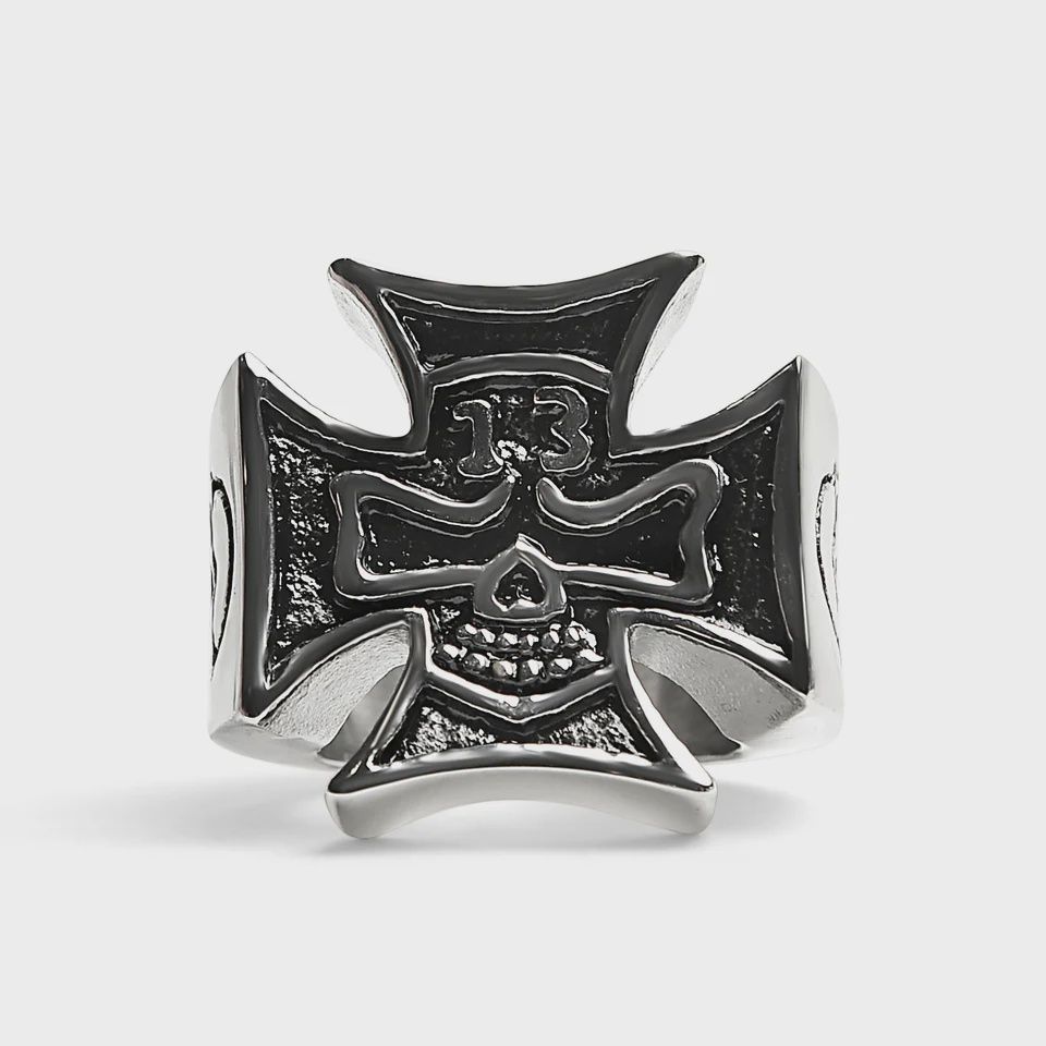 Large "13" Skull In Maltese Cross Stainless Steel Ring
