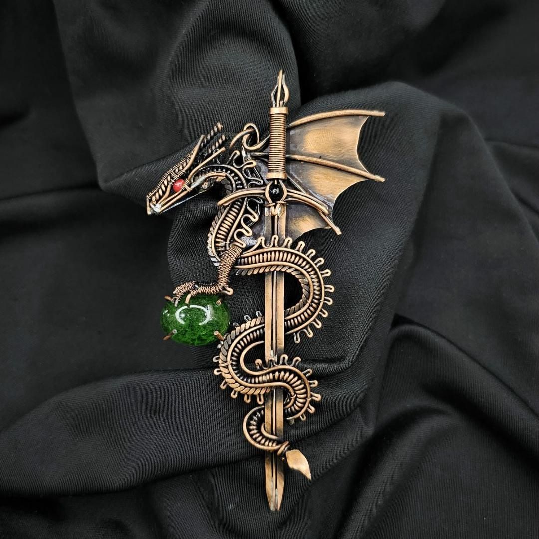 Handmade Wire Wrap Coiled Dragon w/ Green Stone