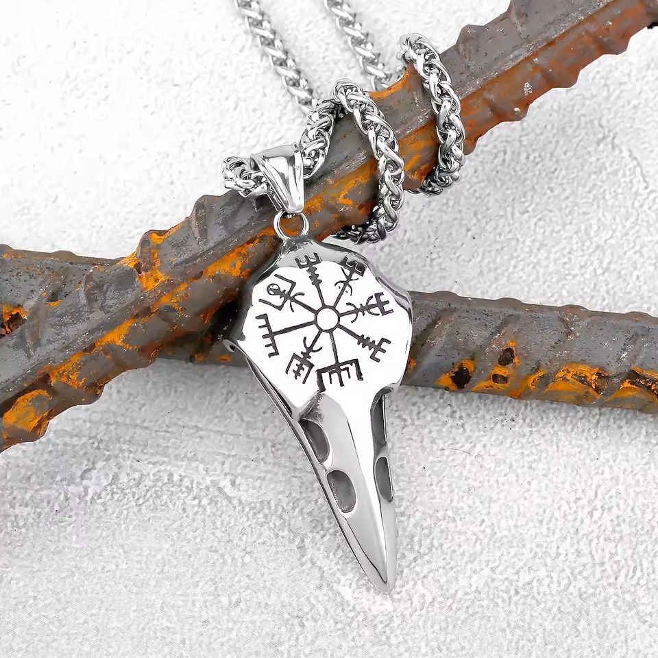 24" Nordic Odin Raven Head Necklace