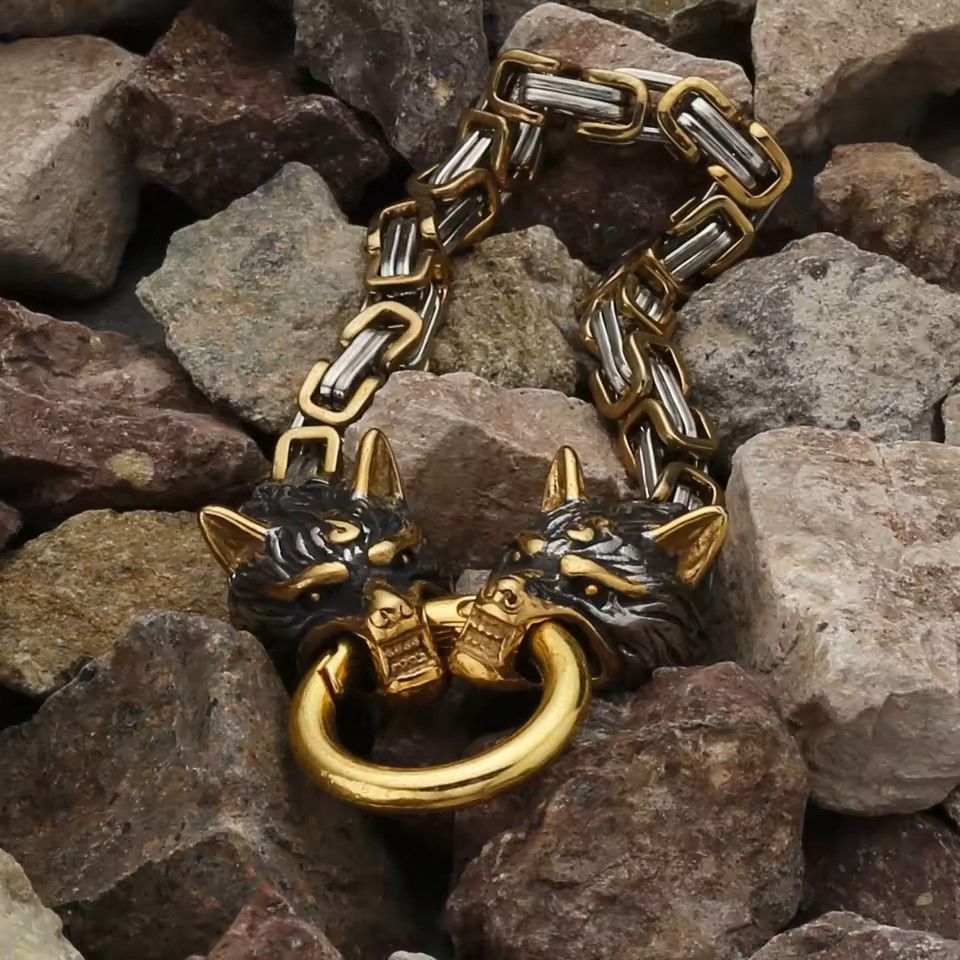 8" SS Golden Nordic Wolf Head Bracelet