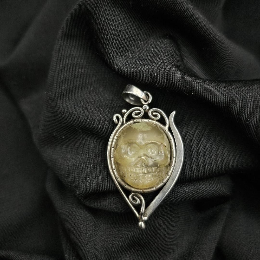 Hand Carved Silver Skull Pendant