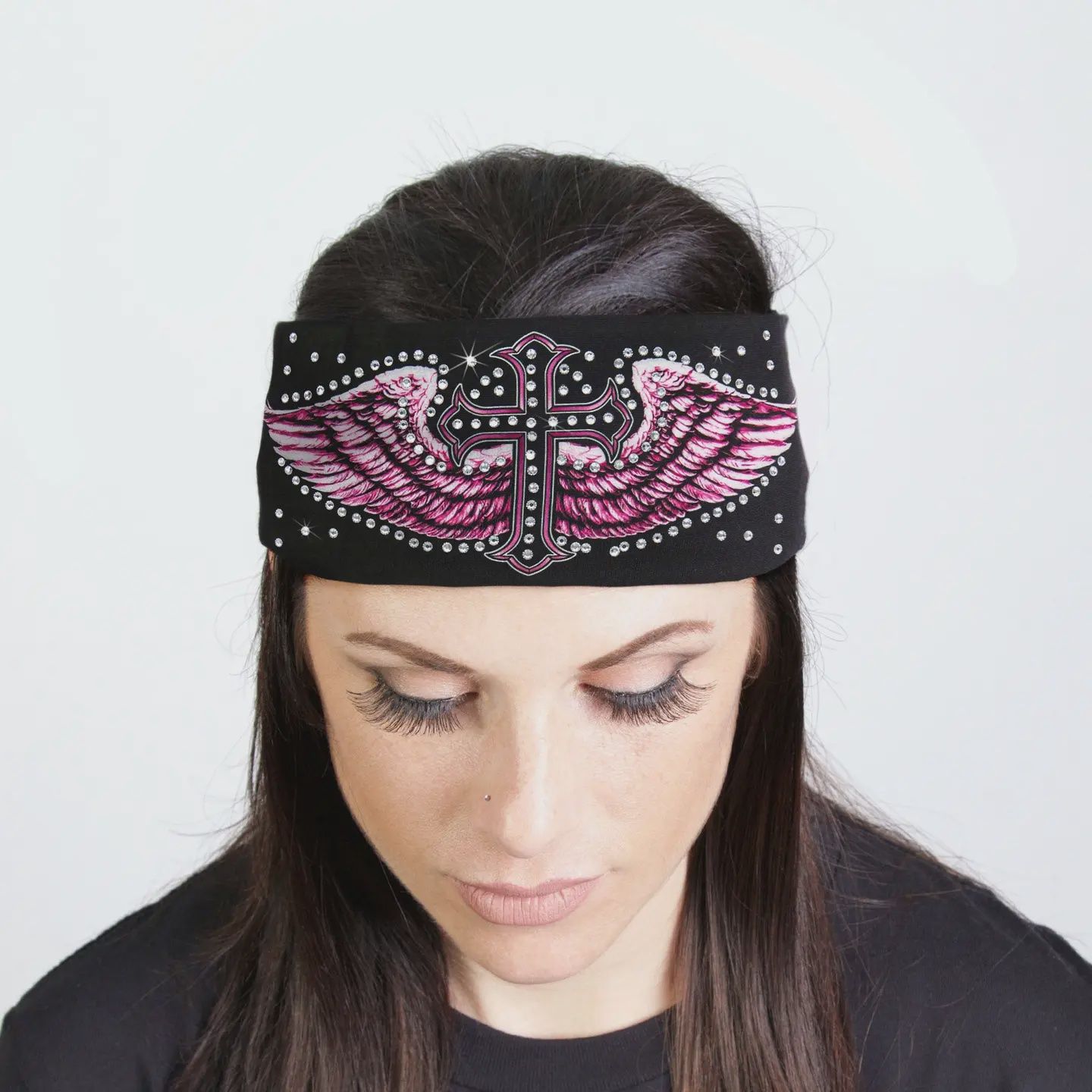 Hot Leathers Bling Bands Cross Wings Alt Rhinestone Crystal Headband
