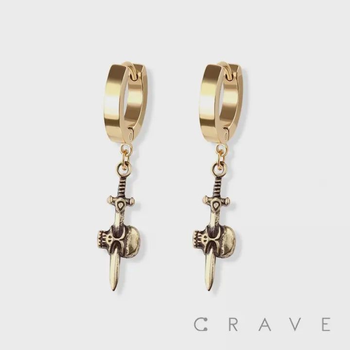 Gold SS Skull Dagger Dangle Earrings