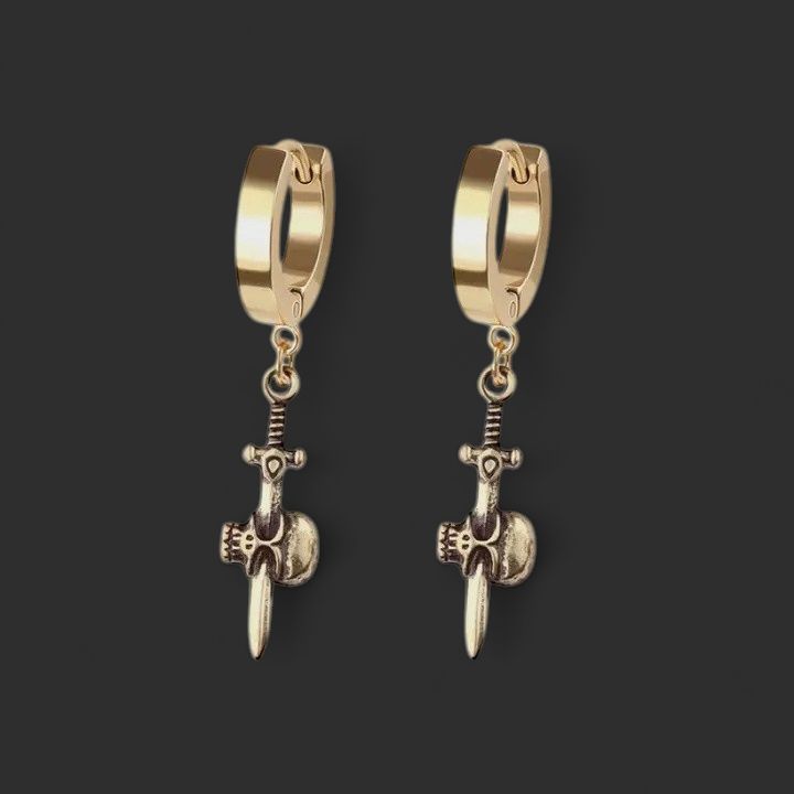 Pair of 316L Stainless Steel Gold Skull Dagger Dangle Earrings