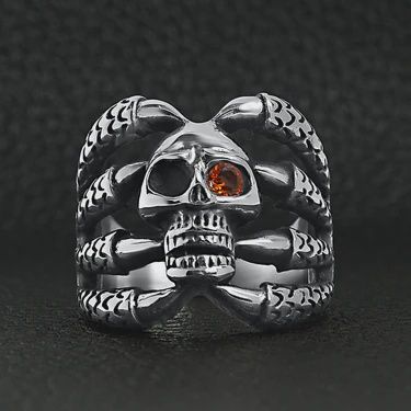 Dragon Claws Holding Red CZ Eyed Skull Ring