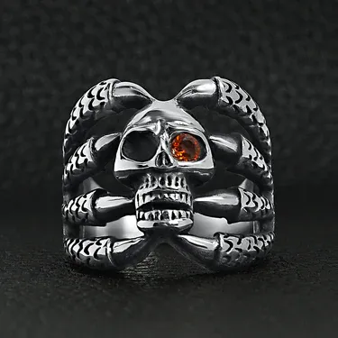 Dragon Claws Holding Red CZ Eyed Skull Ring