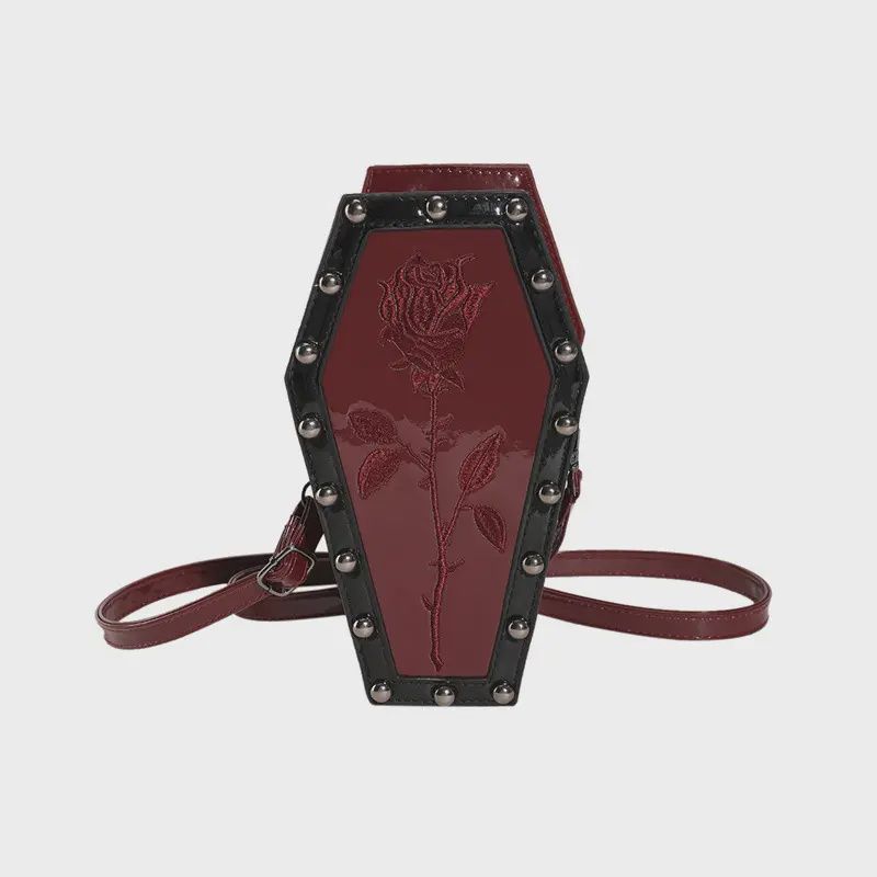 Maroon Spider Web &amp; Rose Patterns Studded Coffin Crossbody Bag