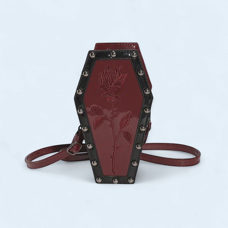 Maroon Rose Patterns Studded Coffin Crossbody Bag