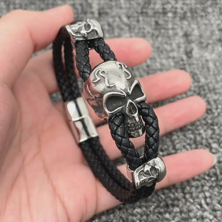 7" Triple Stainless Steel Leather Bracelet