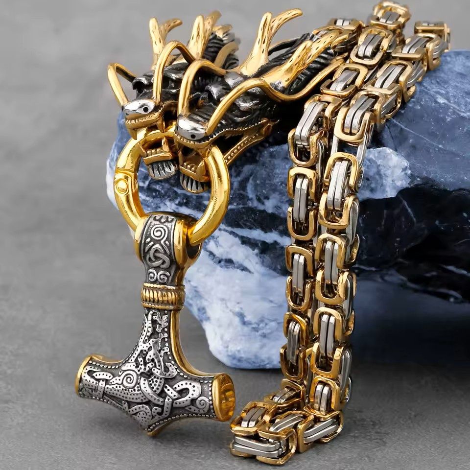 24" Gold Viking Dragon Head Necklace
