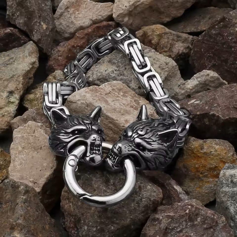 8" SS Nordic Wolf Head Bracelet