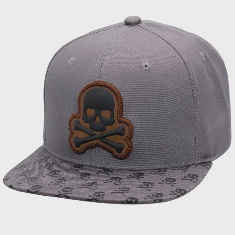 Grey Skull and Crossbones Flat Bill Cotton Snapback