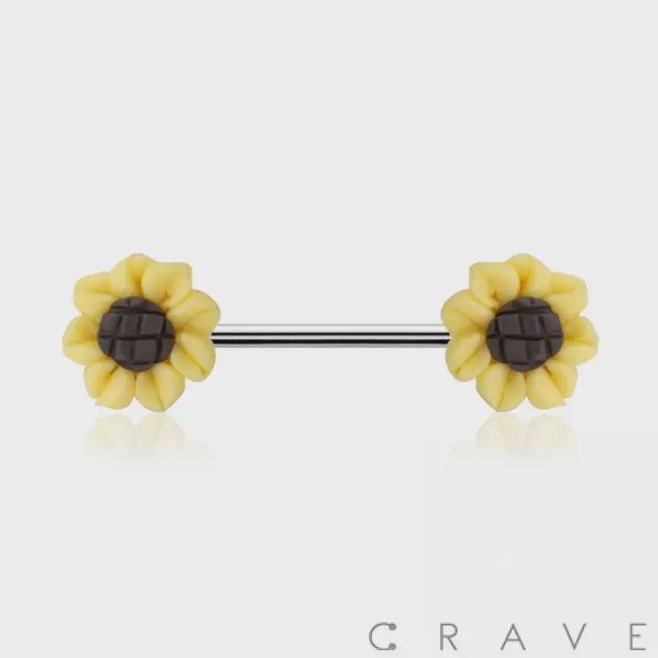 Pair Sunflower 316L Surgical Steel Acrylic Nipple Bar