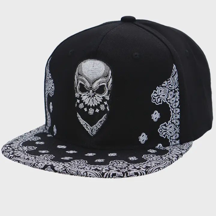 Black Rebel Biker Skull Paisley Bandana Print Snapback