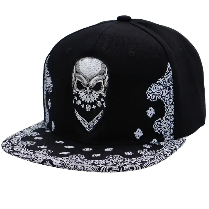Black Rebel Biker Skull Paisley Bandana Print Snapback