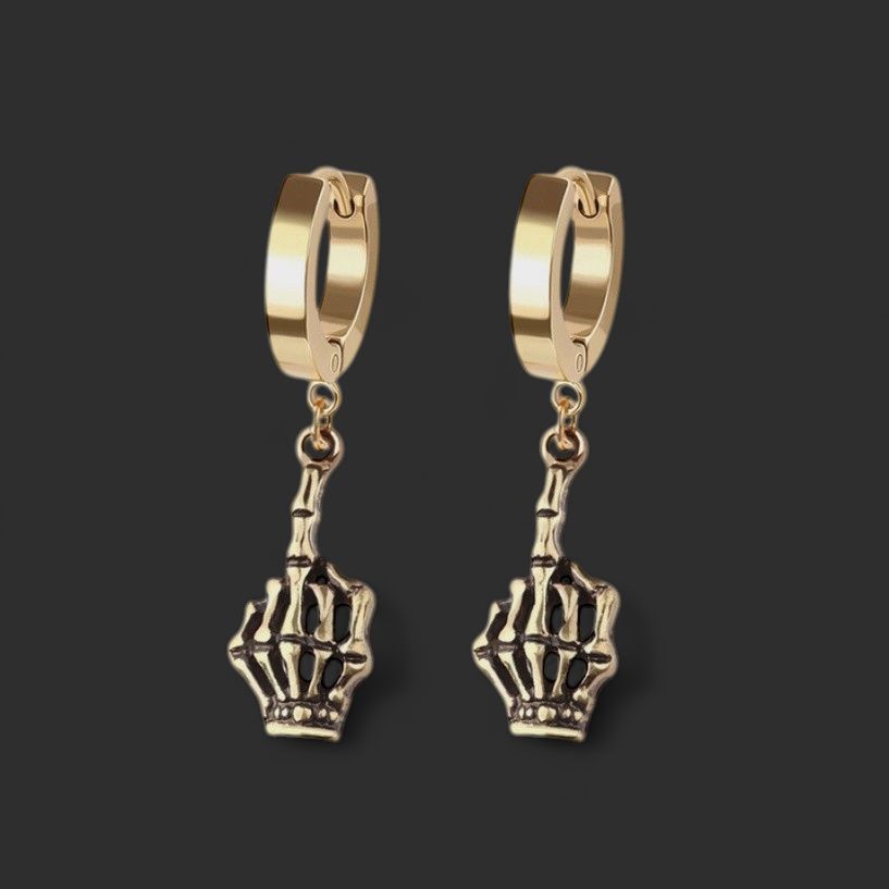 Pair of 316L Stainless Steel Gold Skull Finger Dangle Earrings