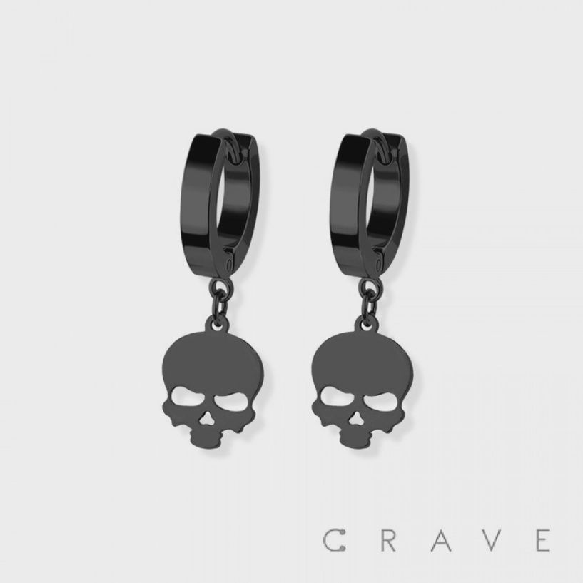 Black Pair of 316L Stainless Steel Huggie/Hoop Earrings with Skull