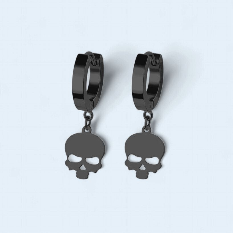 Black Pair of 316L Stainless Steel Huggie Earrings with Skull