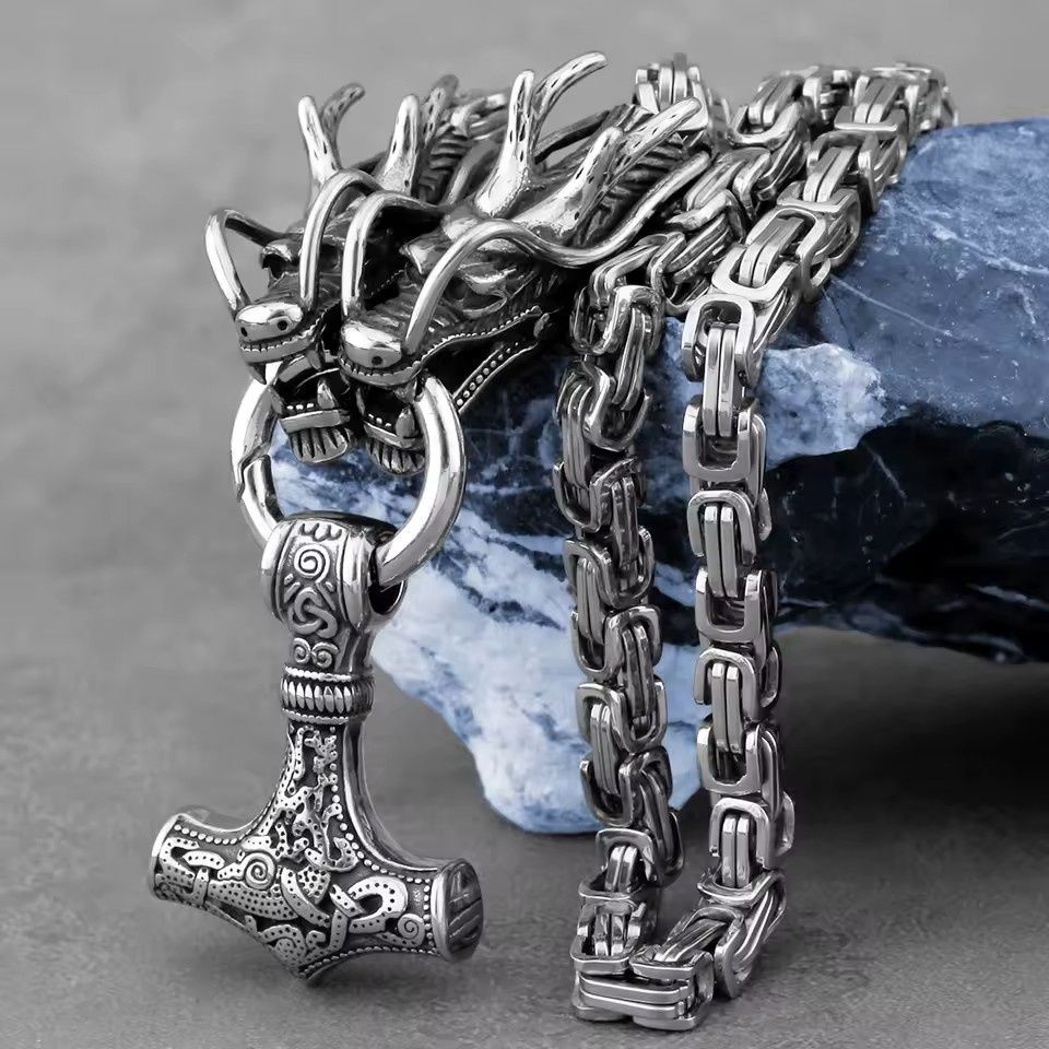 24" Stainless Steel Viking Dragon Head Necklace