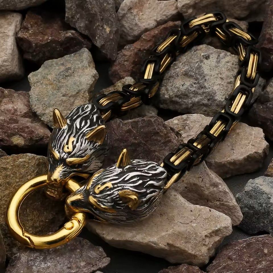 9" Black Gold Nordic Wolf Head Bracelet