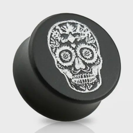 Double Flared Black Ebony Wood Saddle Plug Sugar Skull 22mm