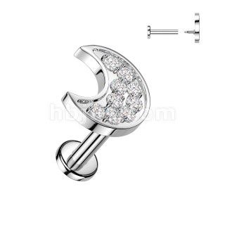 16G 5/16" SS Labret With Pave CZ Crescent Moon Top