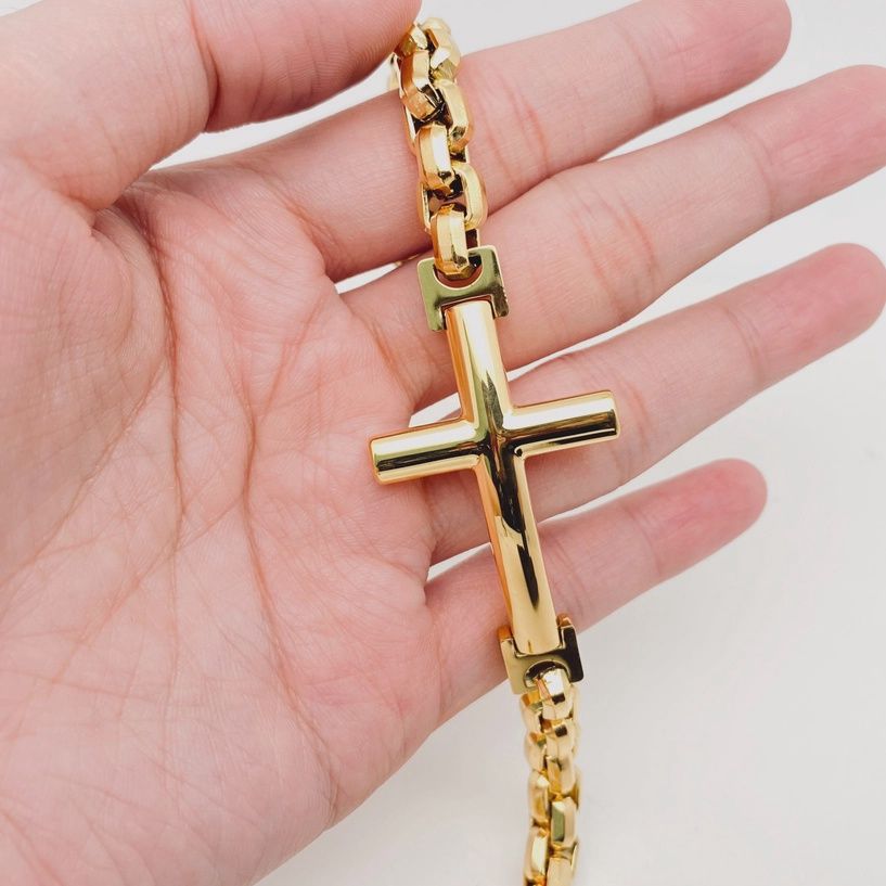Golden Stainless Steel Cross Charm Chain Bracelet