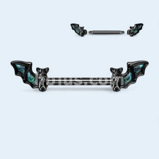 14G Black PVD Over 316L Surgical Steel Nipple Barbell With One Abalone Bat Wing Pair